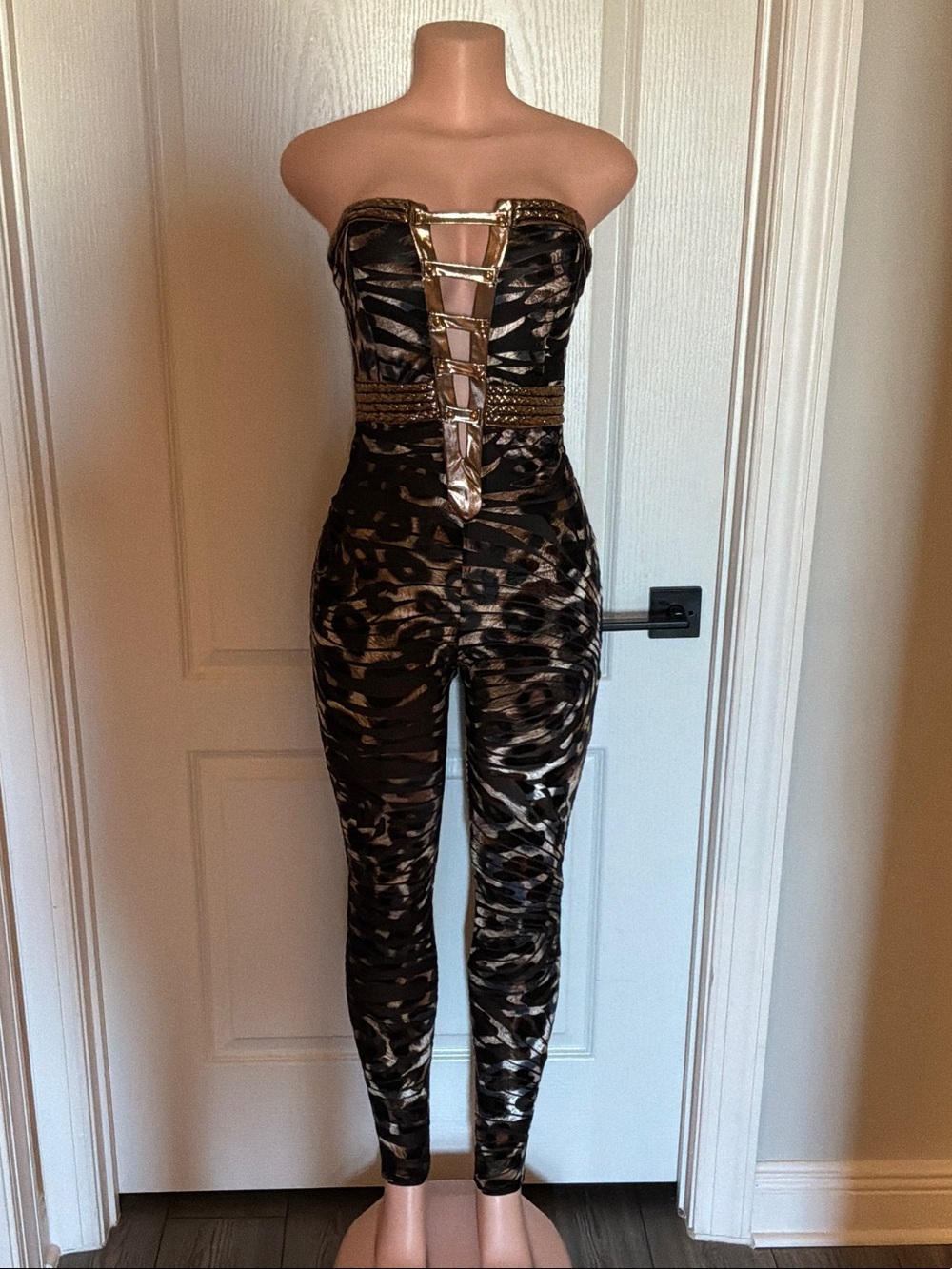 Strapless Animal-Print Jumpsuit with Gold Trim - Black/Brown